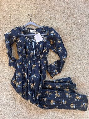 Christy Dawn Navy Floral Midi Dress with Mustard Accents